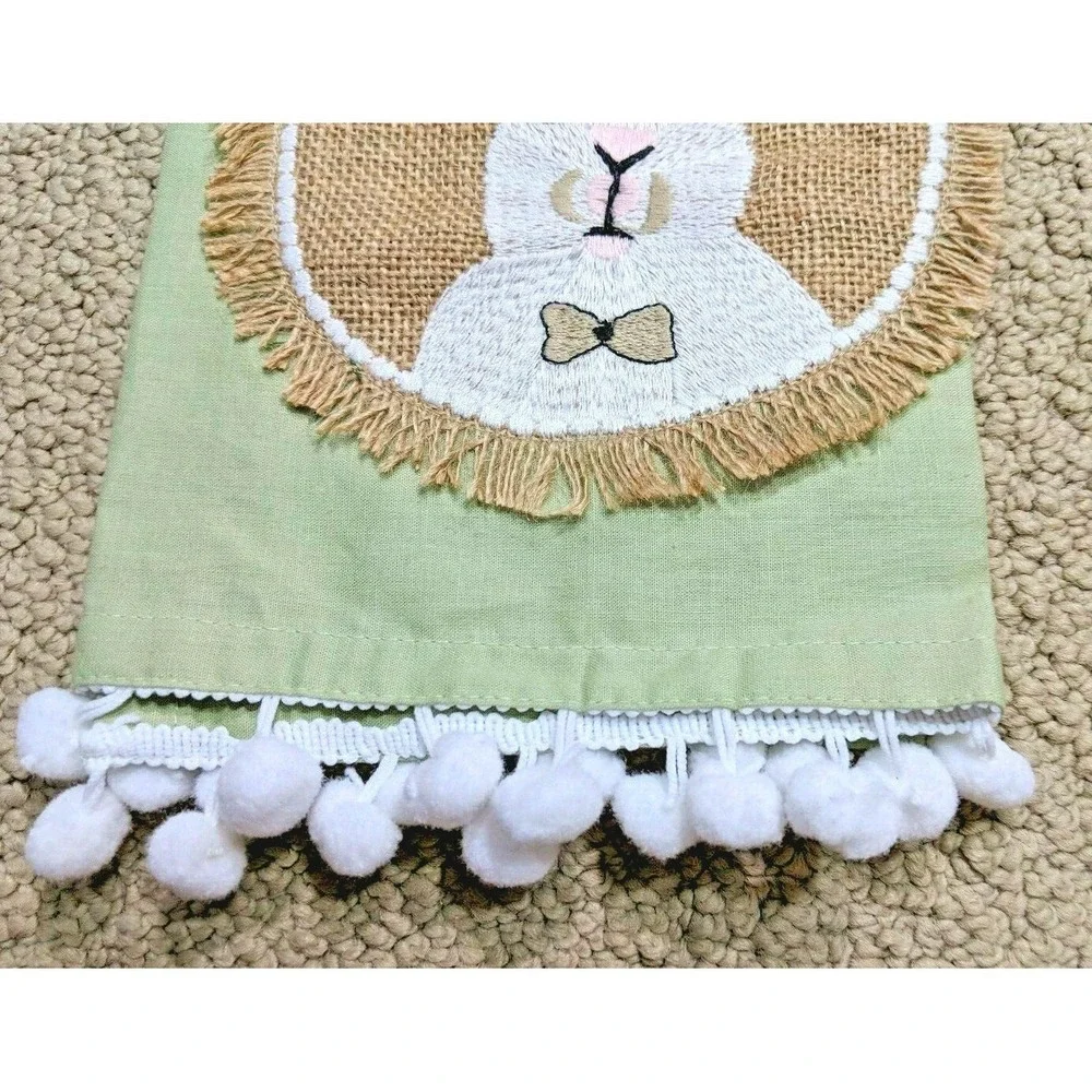 Pier 1 Imports Easter Mr. Rabbit Burlap Appliqué Pompom Trim Tea Towel Green NWT